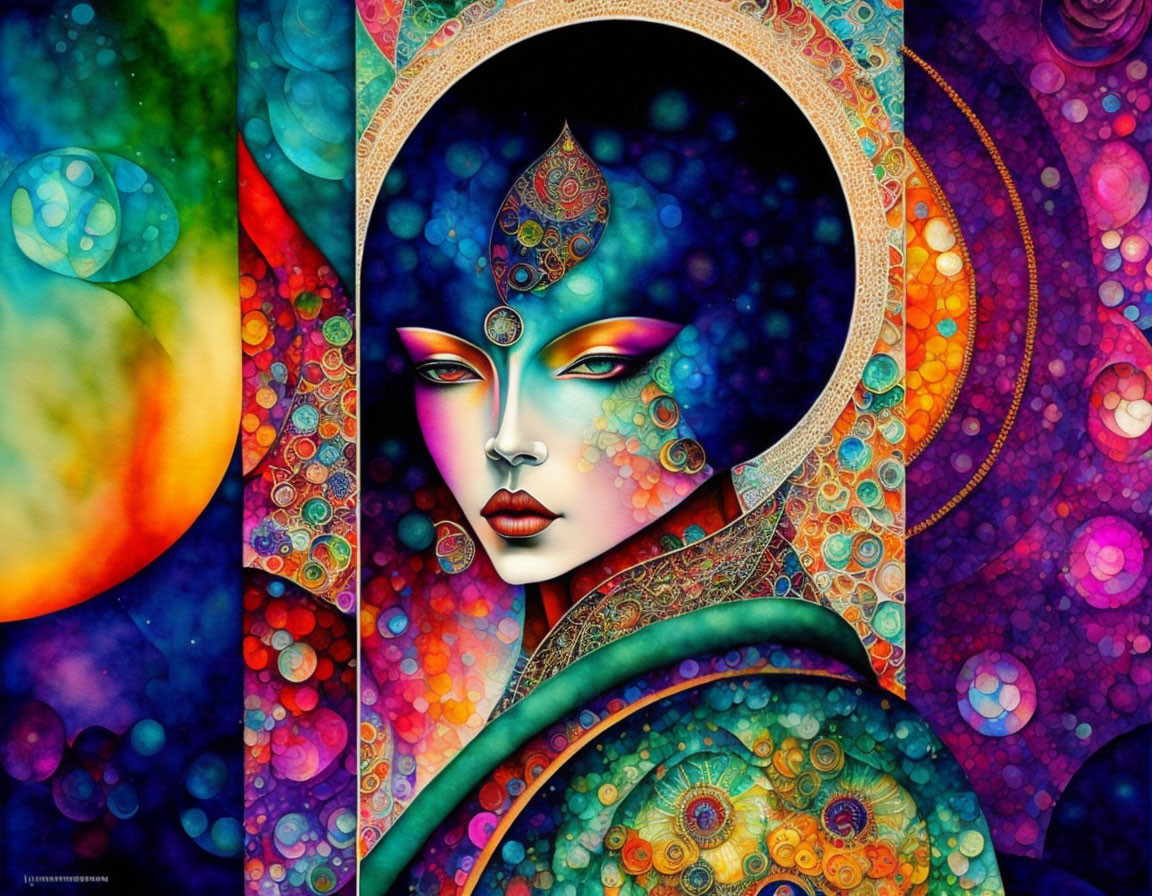 Colorful artwork of stylized female figure with multiple eyes and celestial background blending mysticism with fantasy