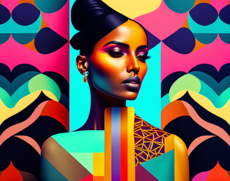 Colorful digital illustration: Woman with bold makeup on abstract background