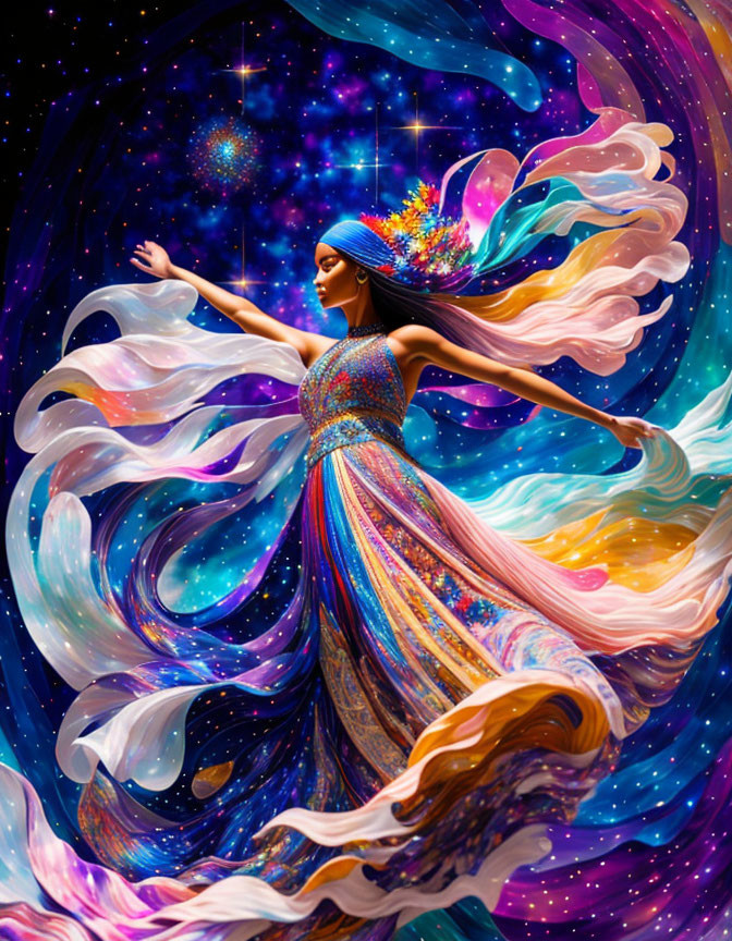 Colorful cosmic artwork of a woman in flowing attire against starry background