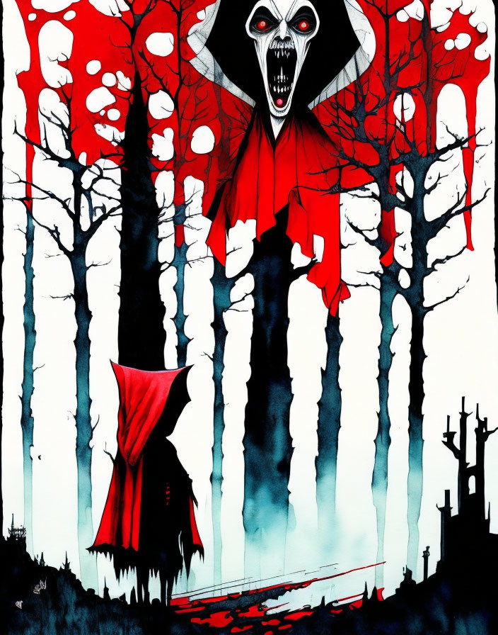 Sinister skull-faced figure overlooking red-cloaked person in spooky forest