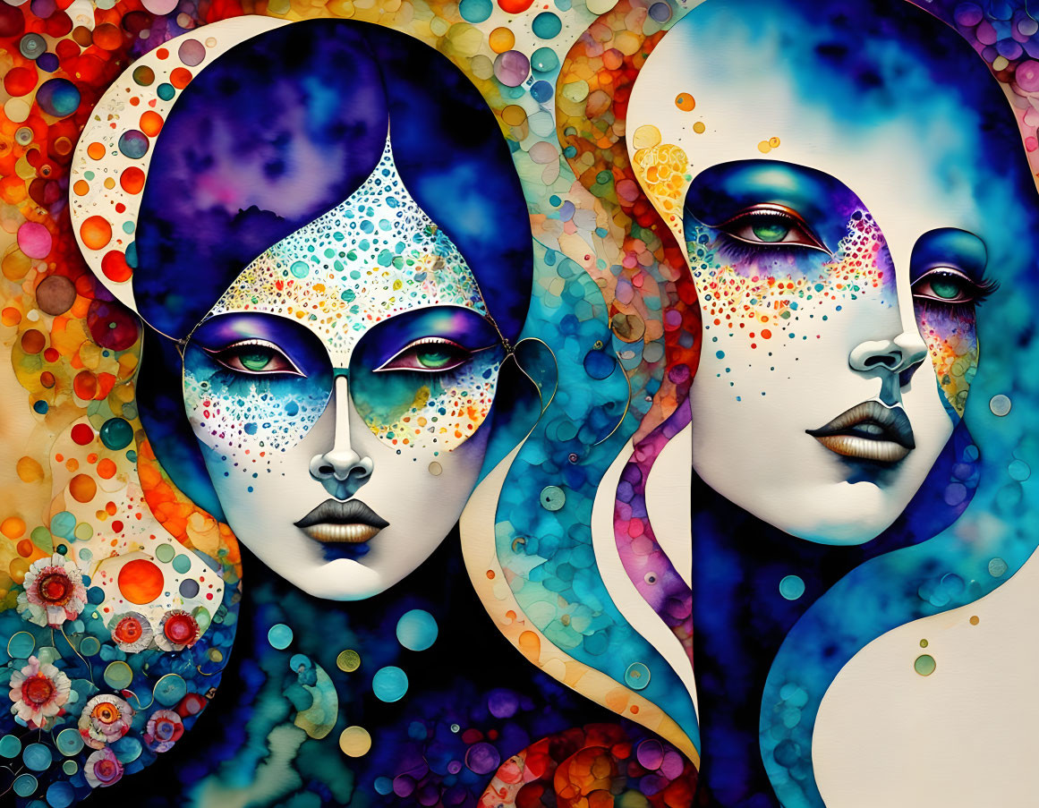 Colorful abstract artwork featuring stylized female faces with dotted patterns amidst vibrant shapes and flowers