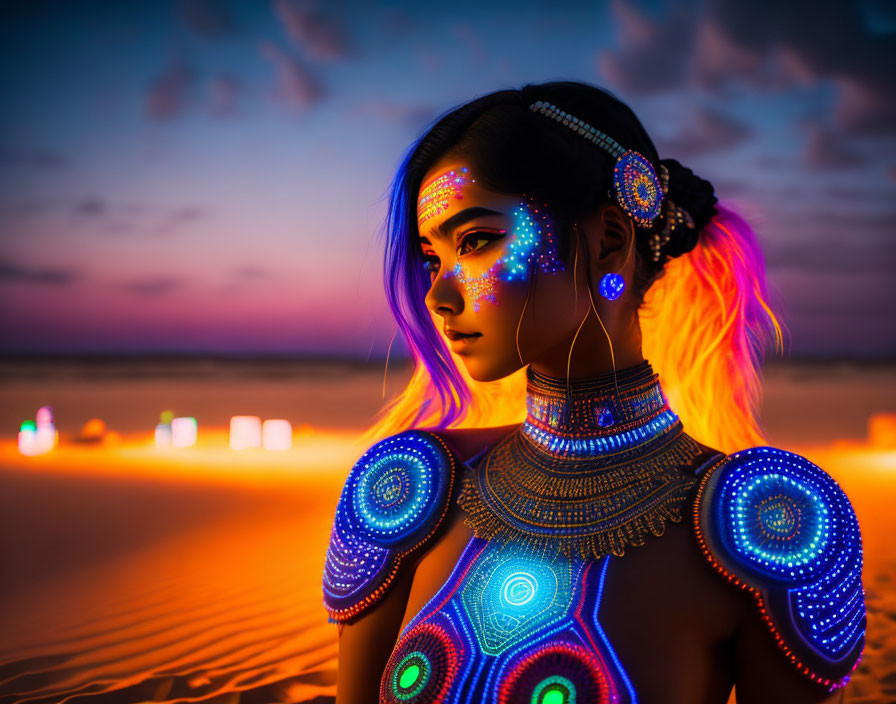 Neon body paint woman on beach at twilight with glowing patterns