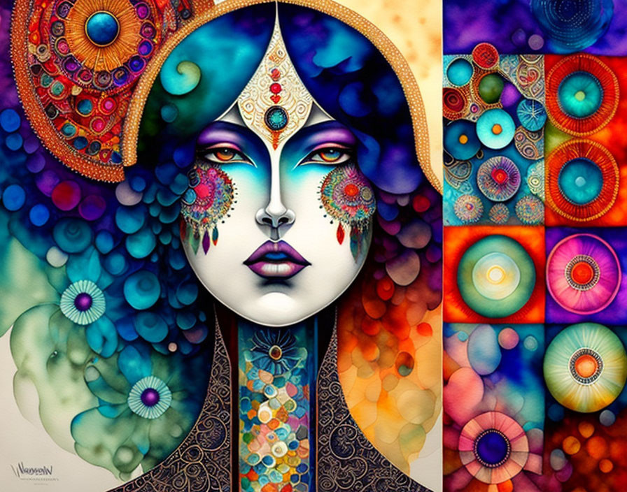 Colorful Artwork: Stylized Female Figure with Mandala Designs