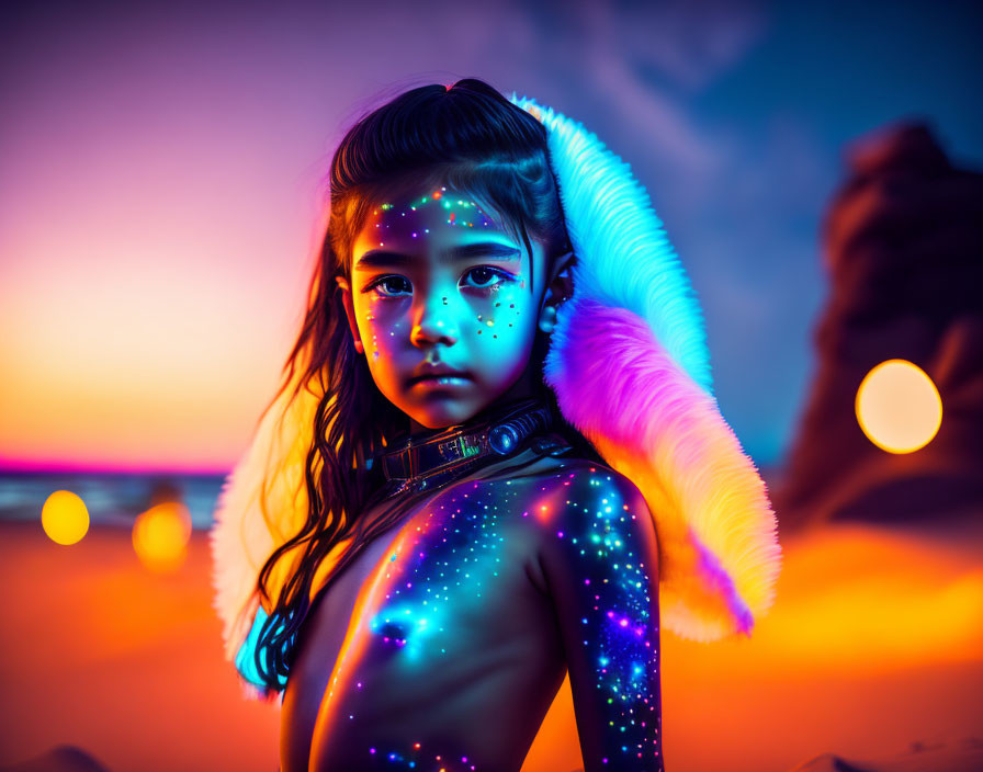 Young girl with neon face paint and rainbow accessory in vibrant sunset scene