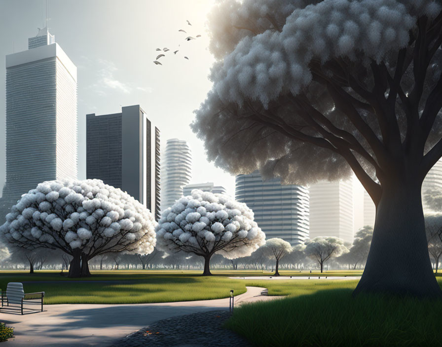 Serene park scene with white foliage trees, skyscrapers, bench, and birds