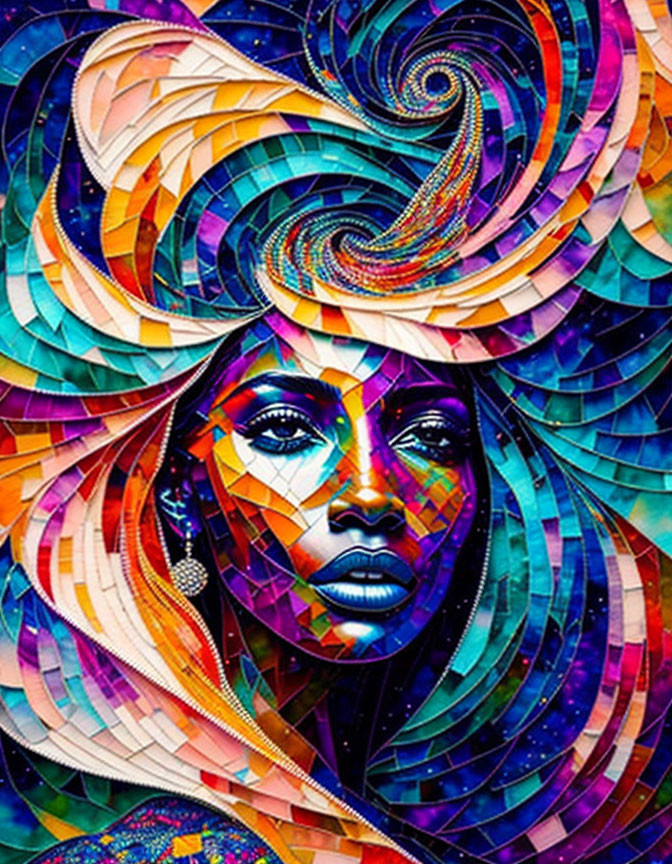 Colorful Mosaic Artwork of Woman's Face with Swirling Patterns