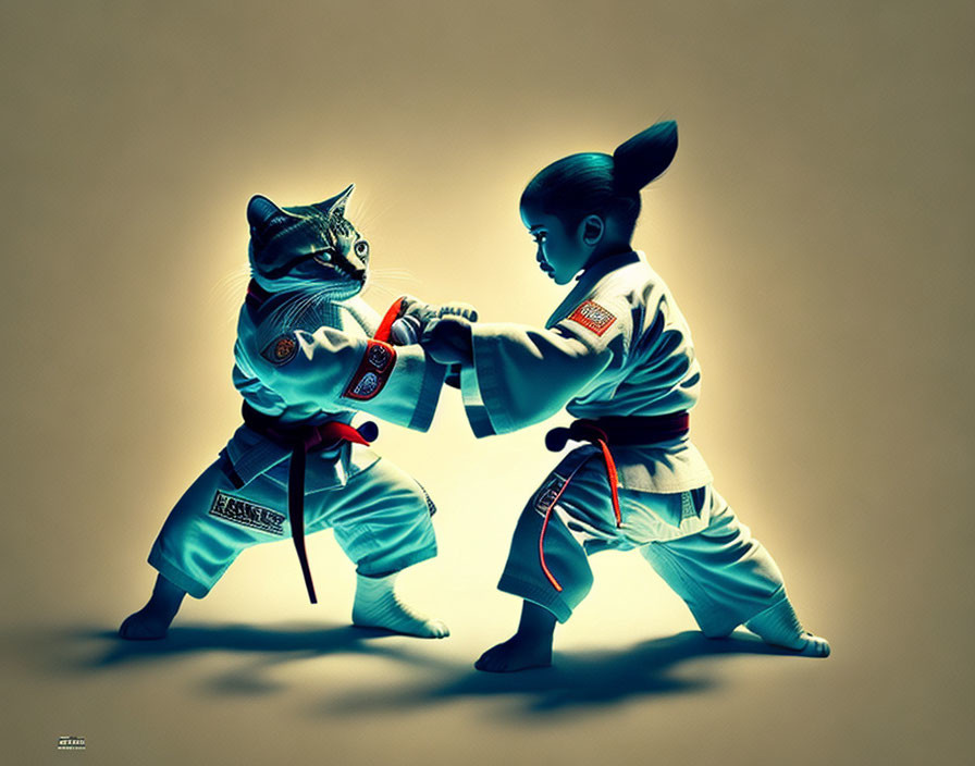 Illustration: Cat and girl practicing karate in uniforms