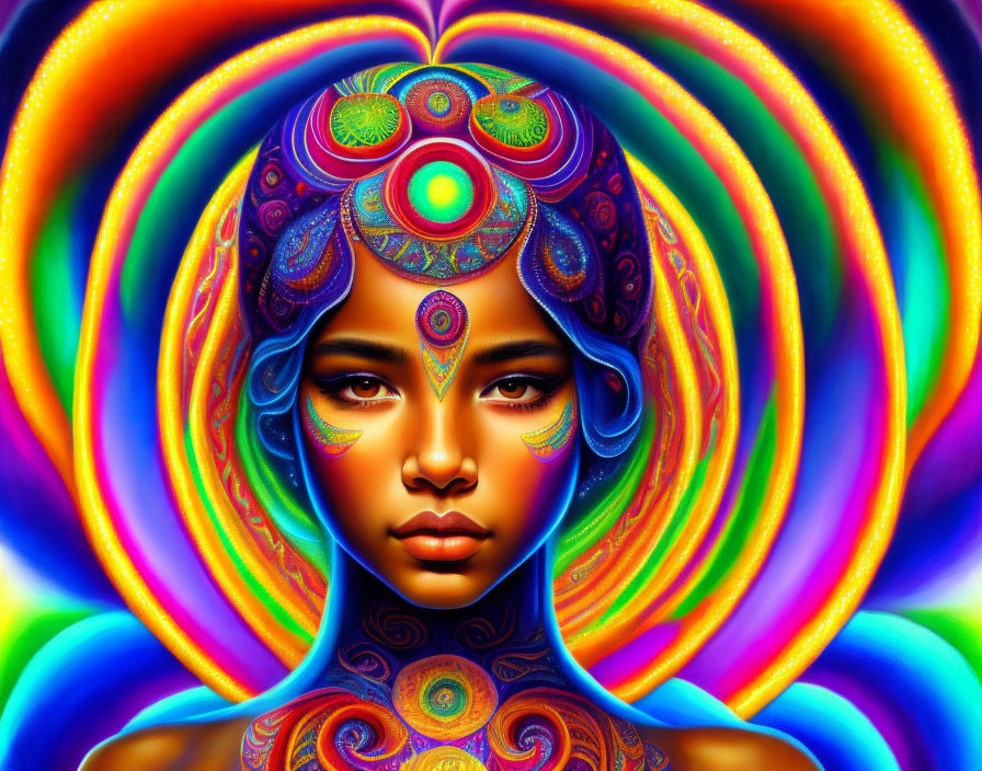 Colorful digital artwork featuring woman with intricate patterns on head and shoulders.