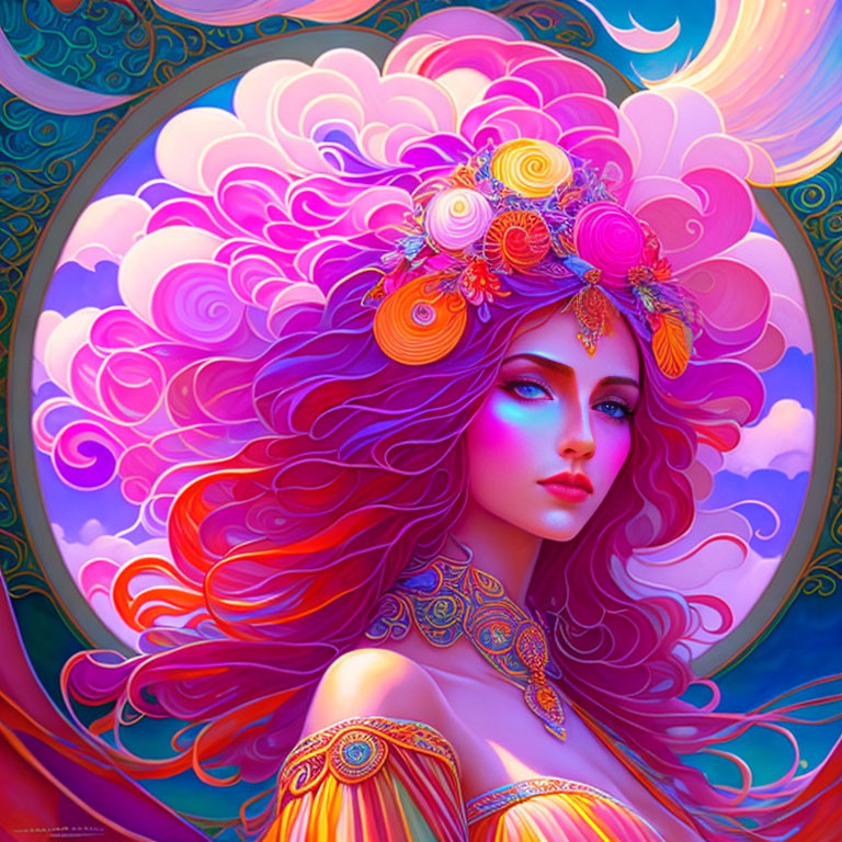 Colorful woman with flowing hair and floral adornments on swirl backdrop