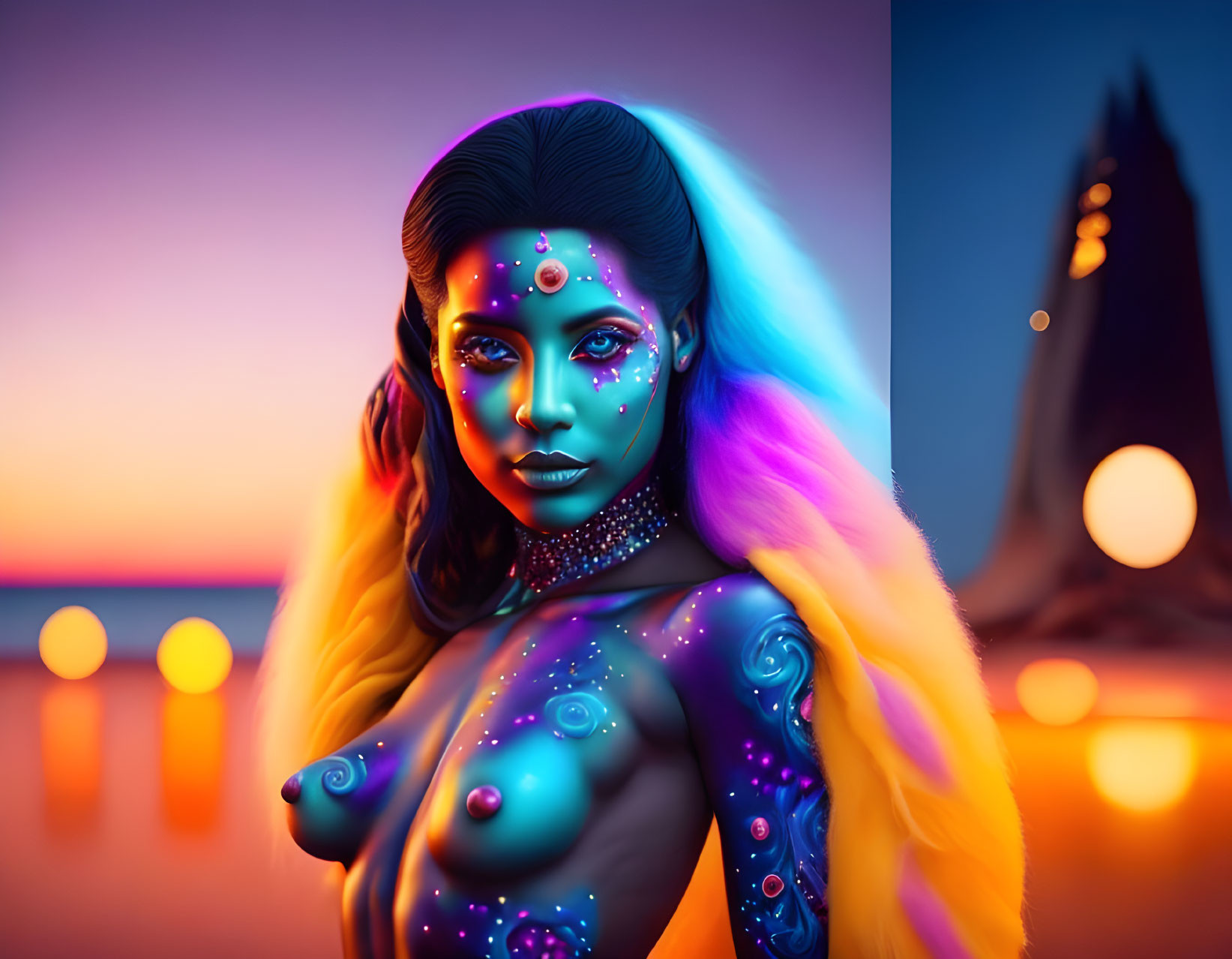 Vivid body paint under neon lights in surreal twilight setting