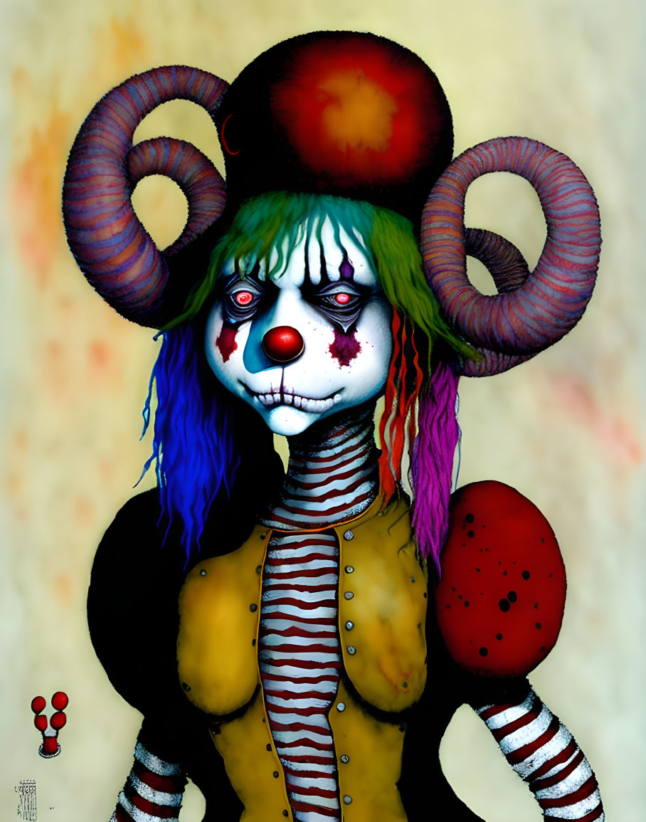 Creepy clown illustration with spiral horns and striped arms