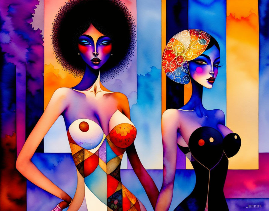 Colorful Artwork: Two Stylized Women with Abstract Designs