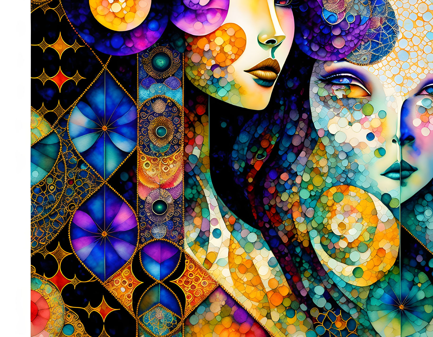 Vibrant abstract illustration of two female faces with mosaic and geometric patterns