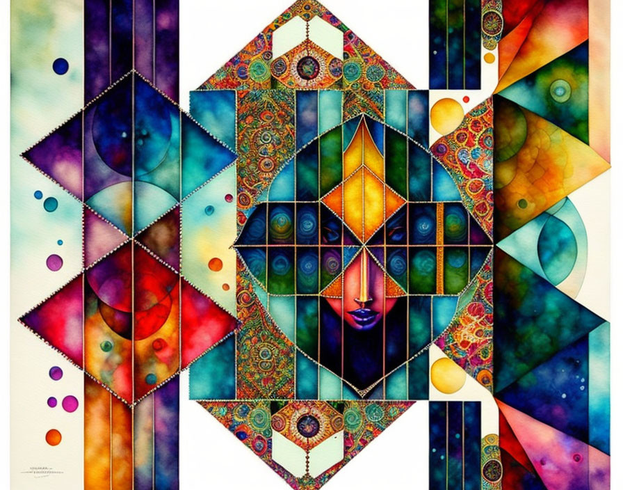 Abstract painting with geometric shapes, mandala patterns, and serene face in cosmic setting