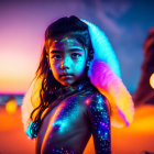 Vivid body paint under neon lights in surreal twilight setting