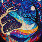 Colorful artwork of woman merging with tree under starry night sky