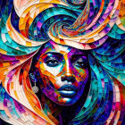 Colorful digital art: Woman's face with geometric pattern amid swirling shapes.