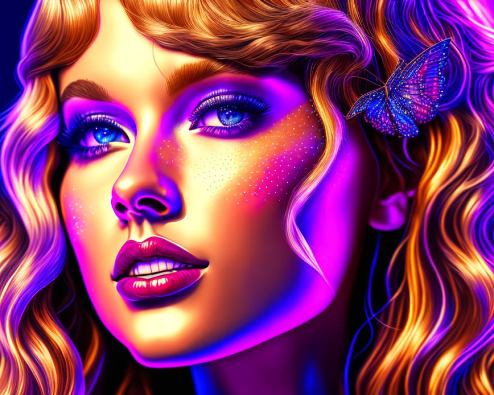 Colorful digital portrait of a woman with wavy hair and blue eyes, neon colors and butterfly detail