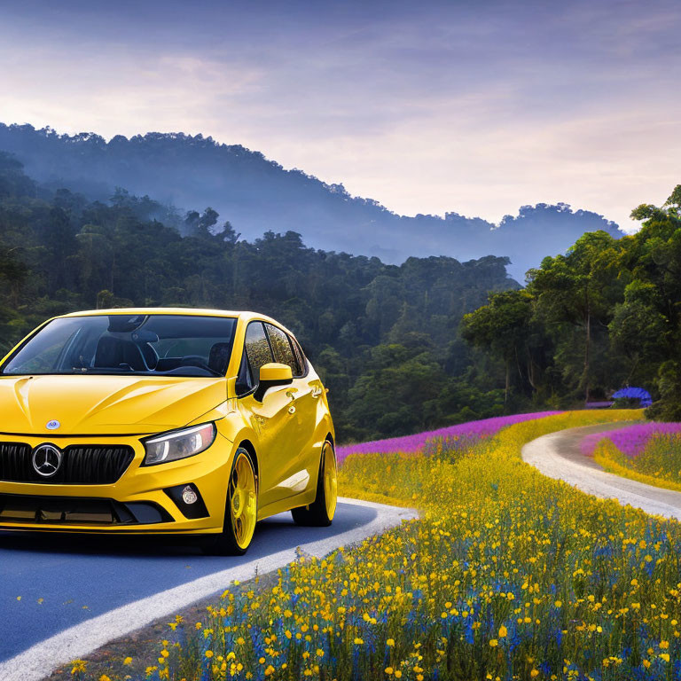 Yellow Car Driving on Curvy Road Through Scenic Landscape
