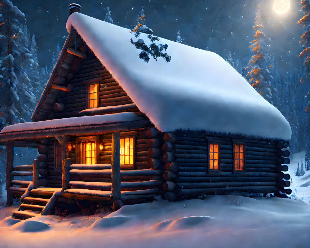 Snowy log cabin in moonlit winter night surrounded by trees