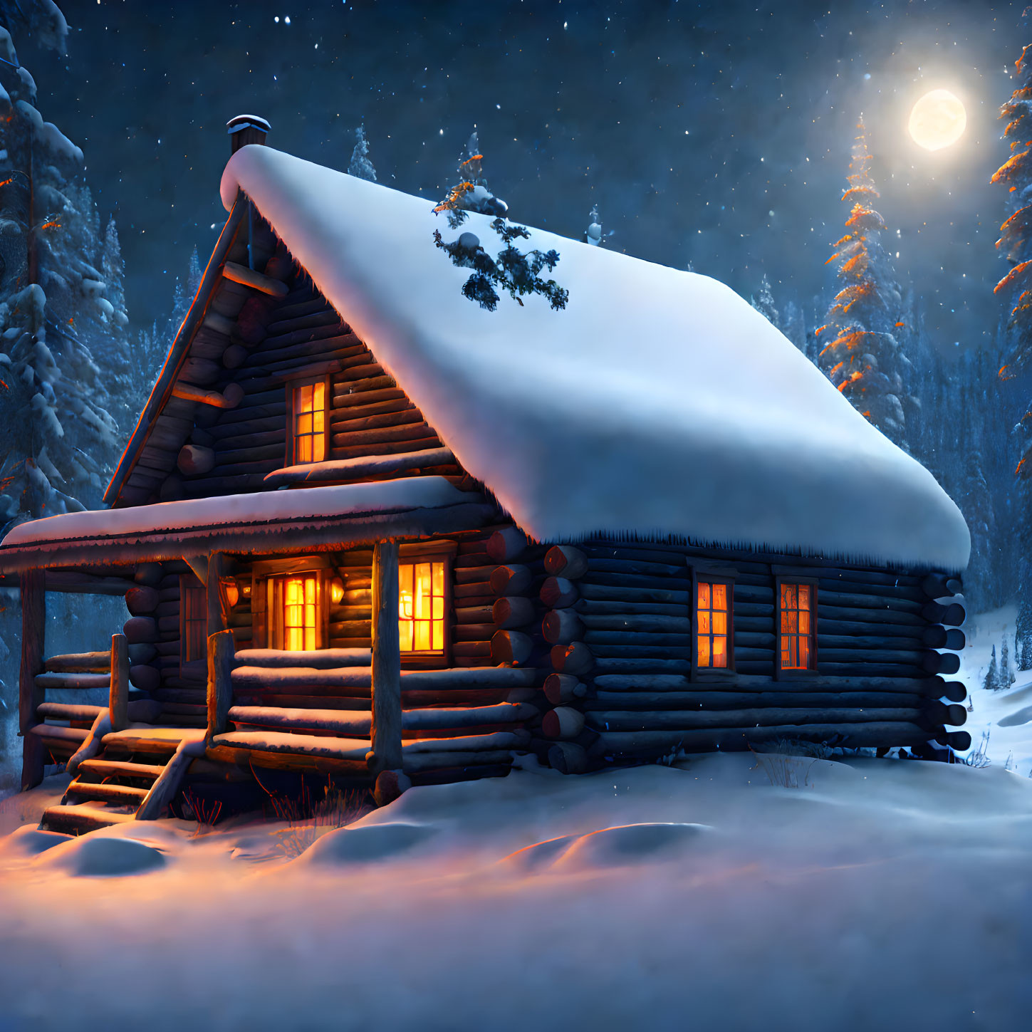 Snowy log cabin in moonlit winter night surrounded by trees