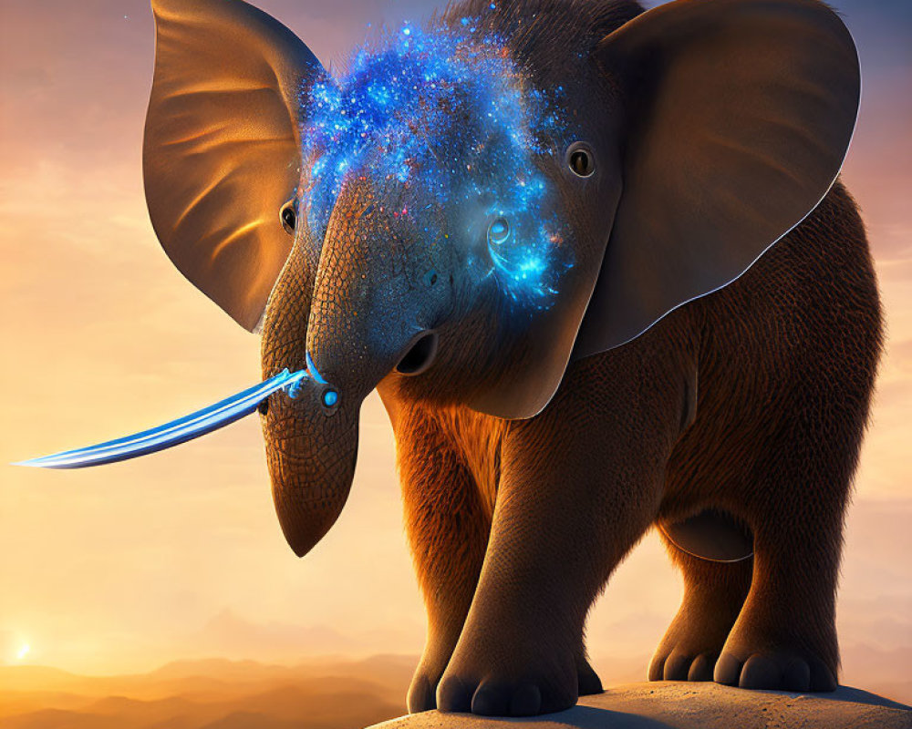 Fantastical elephant with cosmic star-filled space texture, standing on a rock with sunset backdrop, emitting