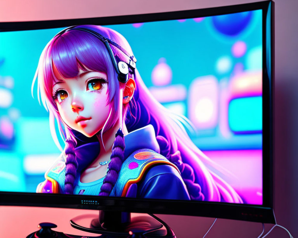 Colorful Illustration: Animated Girl with Purple Hair, Headphones, and Gaming Setup