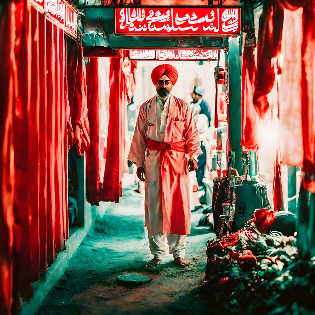 Man in red turban and robes in vibrant alley with Arabic signs