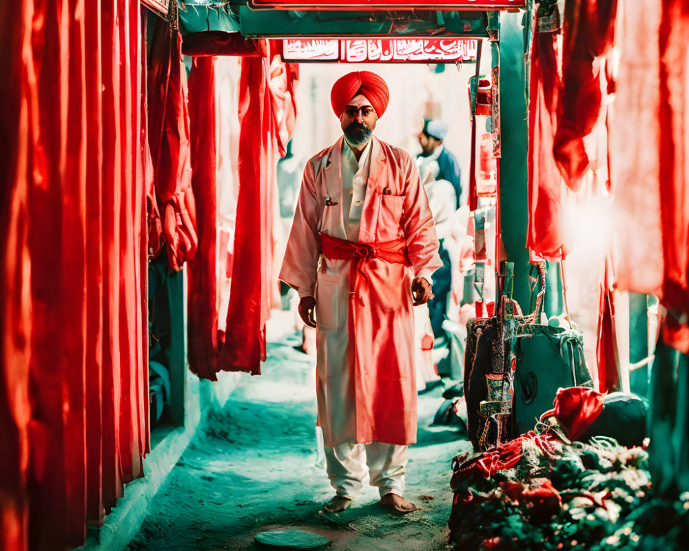 Man in red turban and robes in vibrant alley with Arabic signs