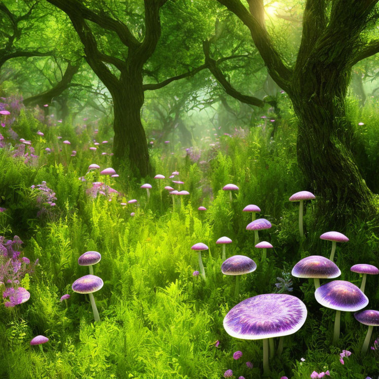 Sunlit mystical forest with vibrant green undergrowth and purple mushrooms