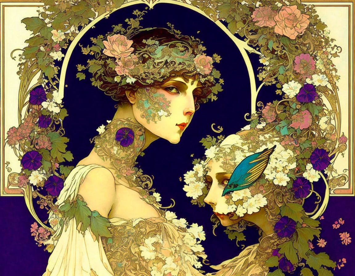 Art Nouveau Woman Illustration with Floral and Butterfly Motifs