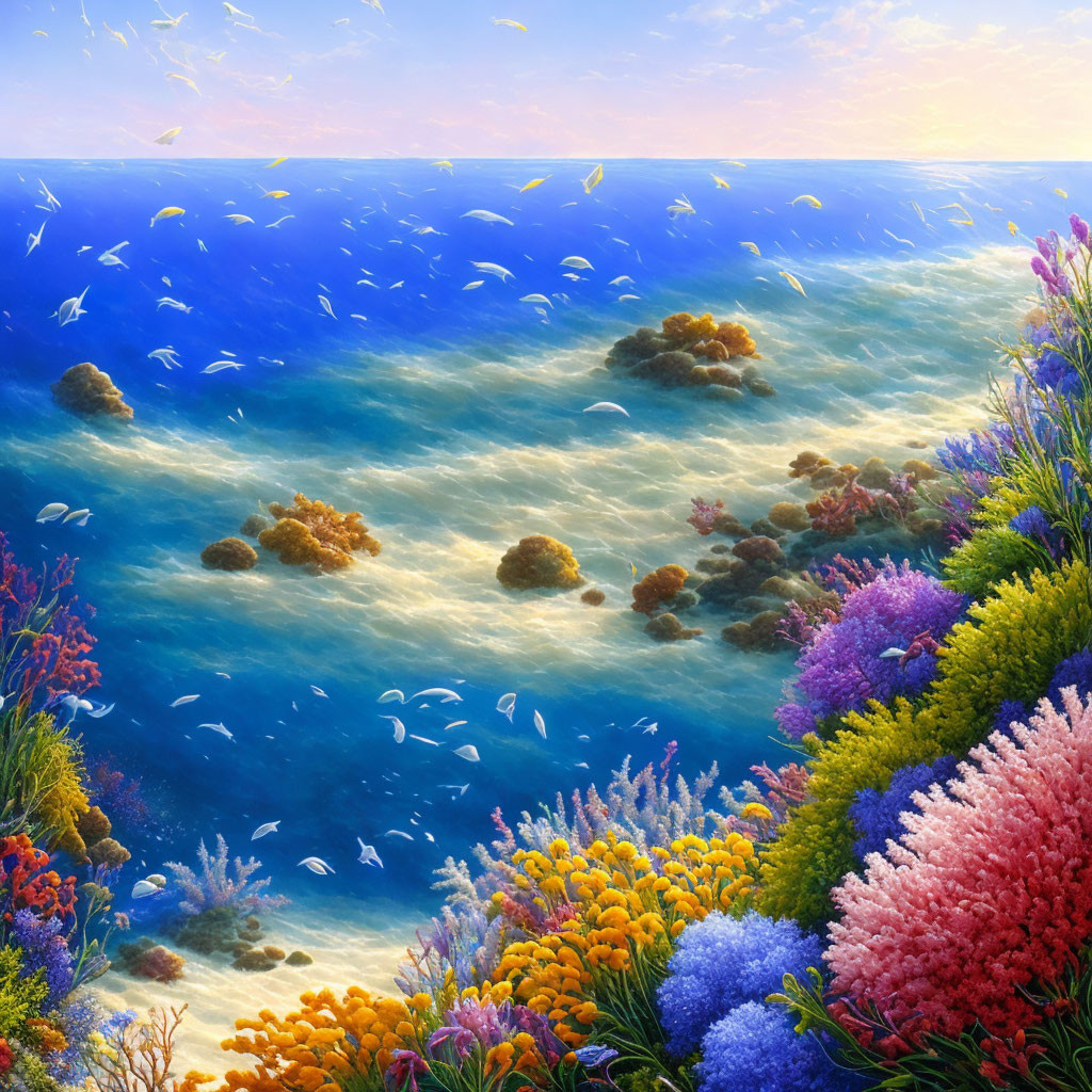 Colorful Coral and Fish in Sunlit Underwater Scene