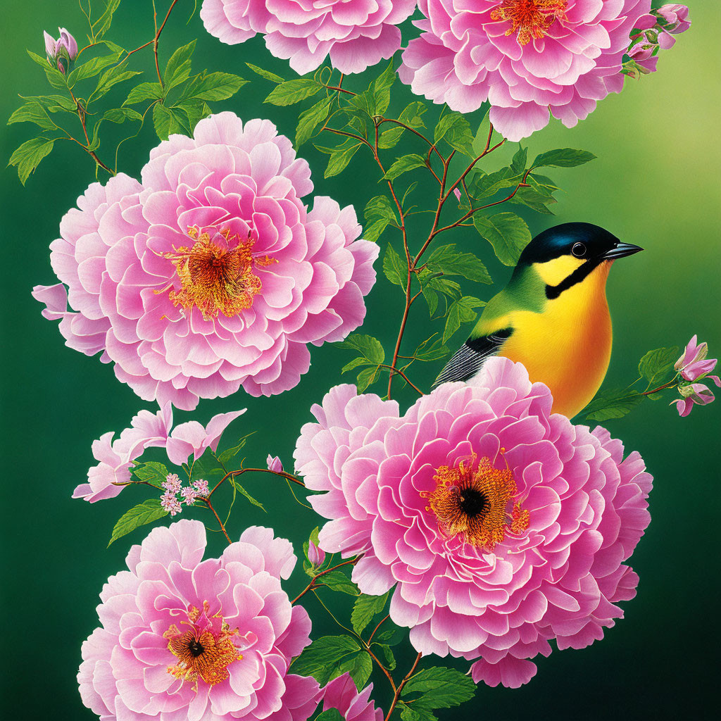 Colorful Bird and Pink Peonies on Green Background
