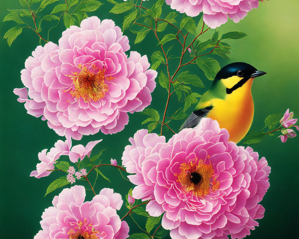 Colorful Bird and Pink Peonies on Green Background
