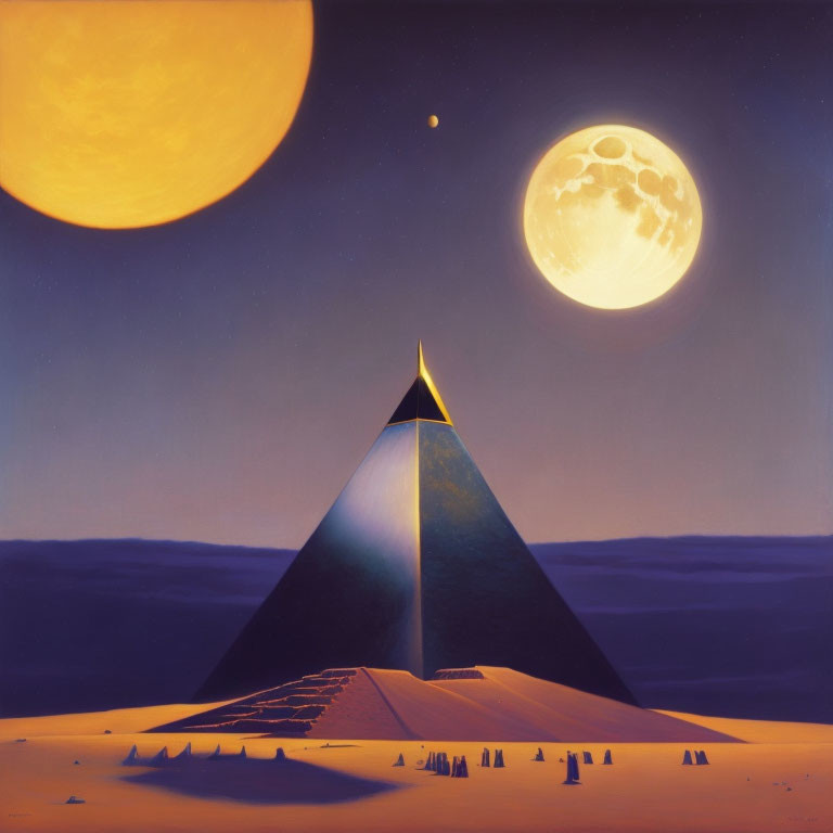 Fantastical landscape with pyramid under night sky & celestial bodies