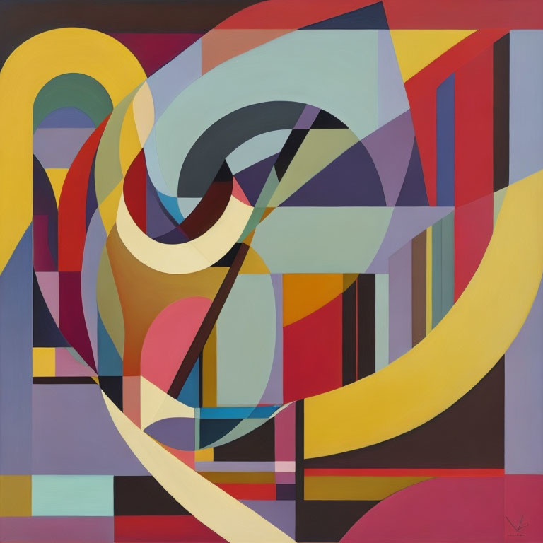 Vibrant abstract painting with geometric shapes and swirls