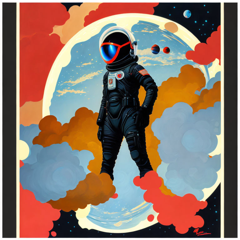 Astronaut in black space suit with vibrant moon and planets in backdrop