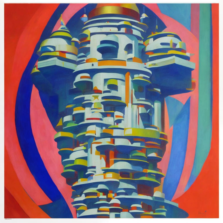 Colorful Abstract Painting: Distorted Tower with Layered Arches in Red and Blue Background