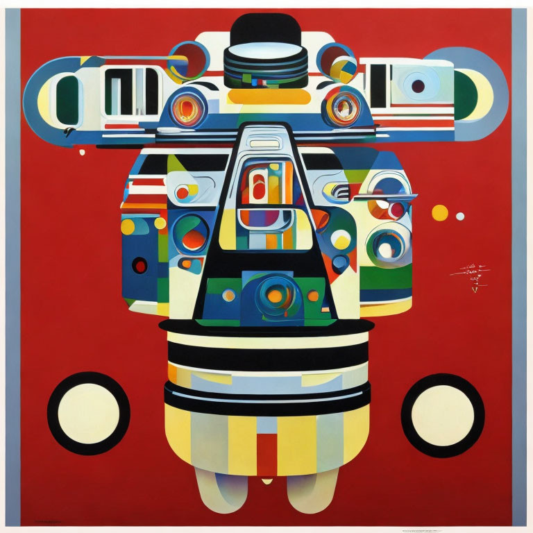 Abstract Geometric Painting of Stylized Vehicle on Red Background