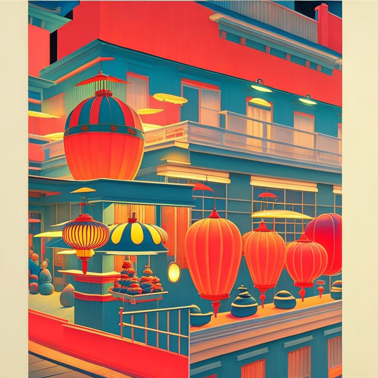 Colorful street illustration with Chinese lanterns and vibrant buildings.