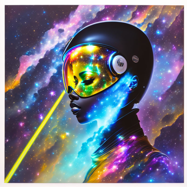 Digital artwork: Person with cosmic features, helmet, and headphones in vibrant space scene.