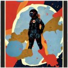 Astronaut in black space suit with vibrant moon and planets in backdrop