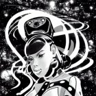 Futuristic female figure illustration with space-themed background