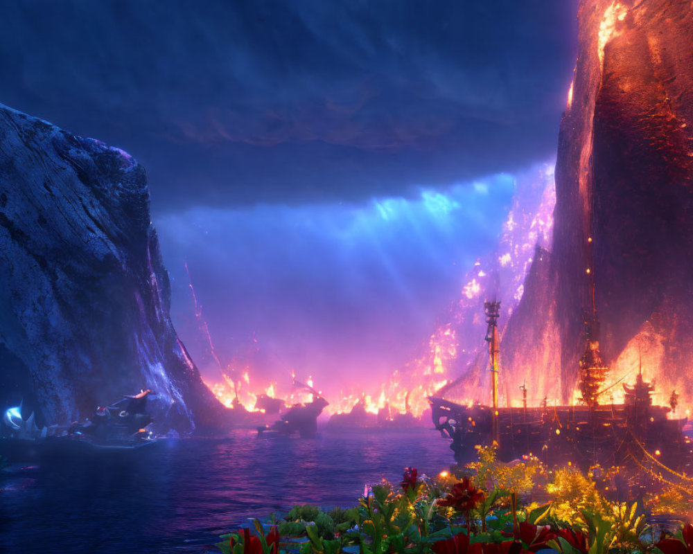 Mystical Night Harbor with Futuristic Ships and Glowing Flora