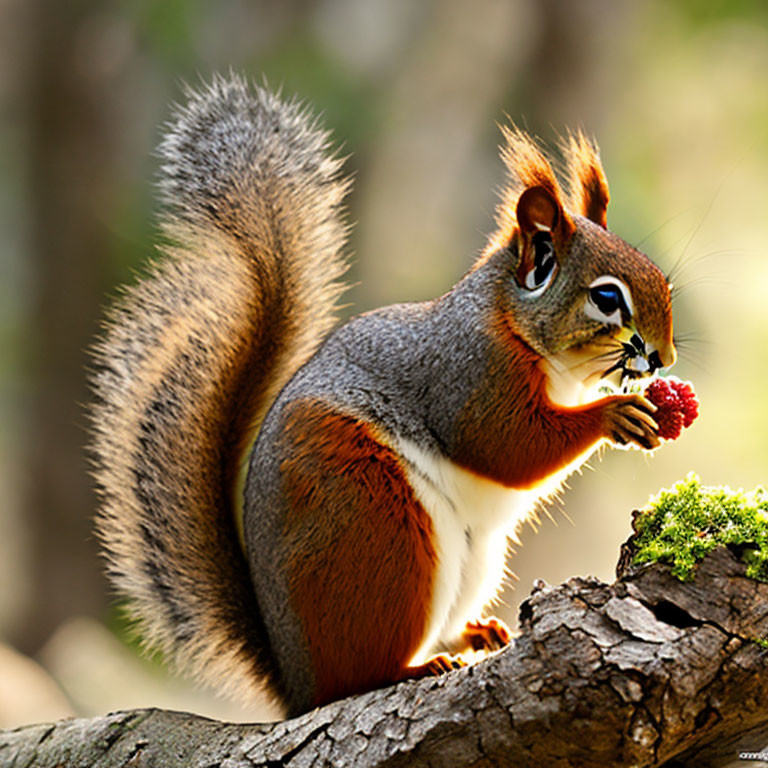 Bushy-tailed squirrel eating red berry on branch with greenery background