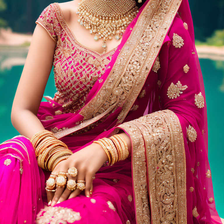 Elegant woman in pink saree with gold jewelry by water