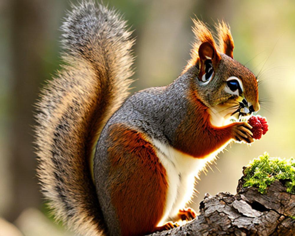 Bushy-tailed squirrel eating red berry on branch with greenery background