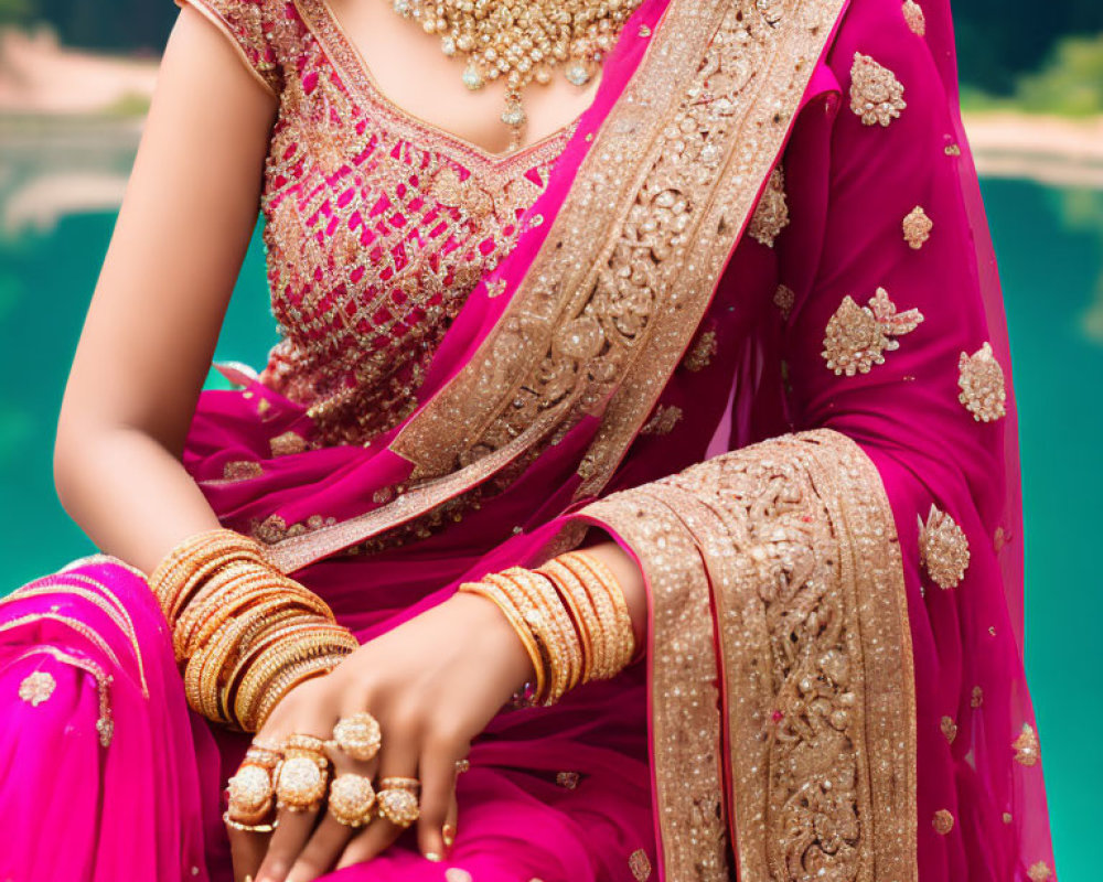 Elegant woman in pink saree with gold jewelry by water