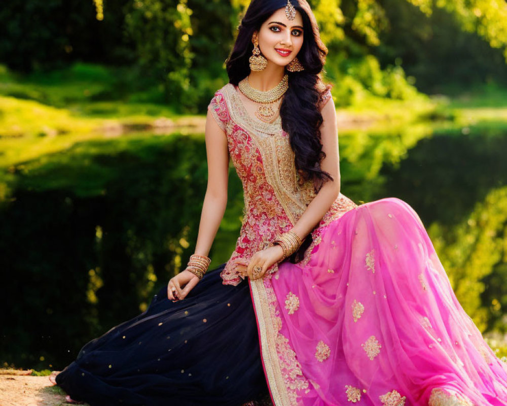 Traditional Outfit with Pink and Navy Blue Embroidery and Accessories