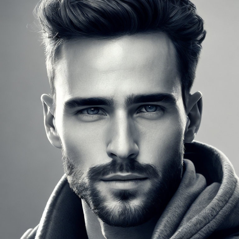 Portrait of man with stylized beard, blue eyes, and gray sweater